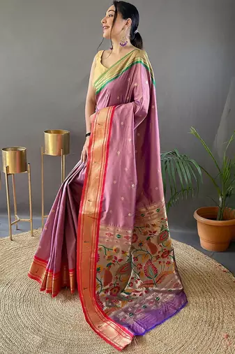 pink pink & green ethnic motifs woven designed zari paithani saree