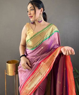 pink pink & green ethnic motifs woven designed zari paithani saree 3