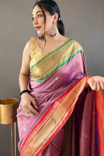 pink pink & green ethnic motifs woven designed zari paithani saree
