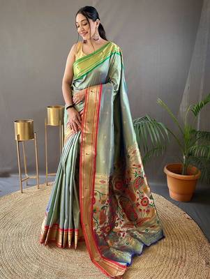 green green & red ethnic motifs woven design zari paithani saree 1