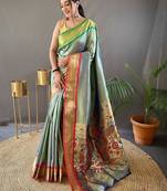 green green & red ethnic motifs woven design zari paithani saree