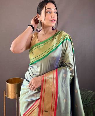 green green & red ethnic motifs woven design zari paithani saree 3