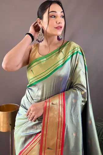 green green & red ethnic motifs woven design zari paithani saree