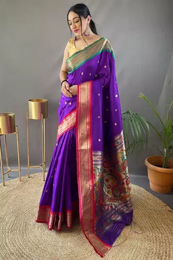 purple purple & red ethnic motifs woven designed zari paithani saree