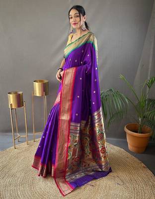 purple purple & red ethnic motifs woven designed zari paithani saree 2