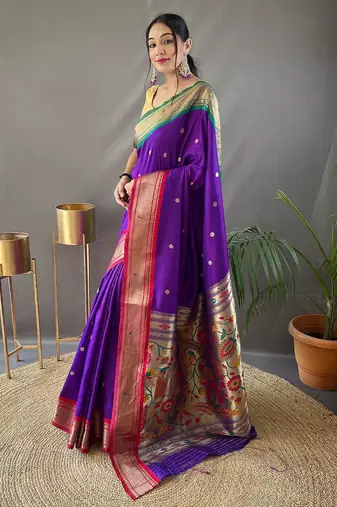 purple purple & red ethnic motifs woven designed zari paithani saree