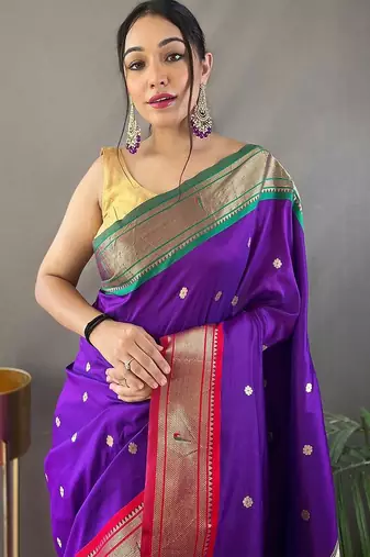 purple purple & red ethnic motifs woven designed zari paithani saree