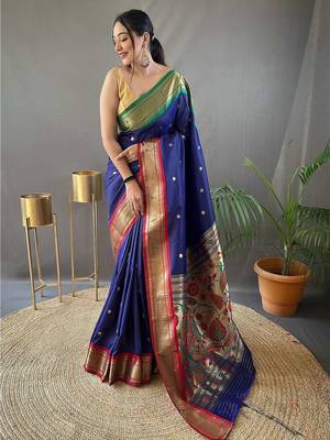 navy_blue navy blue & red ethnic motifs woven designed zari paithani saree 1