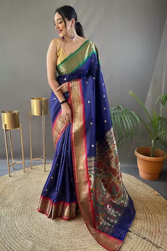 navy_blue navy blue & red ethnic motifs woven designed zari paithani saree