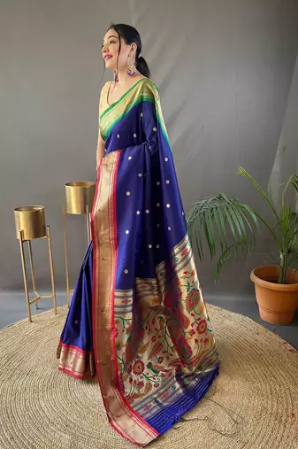 navy_blue navy blue & red ethnic motifs woven designed zari paithani saree