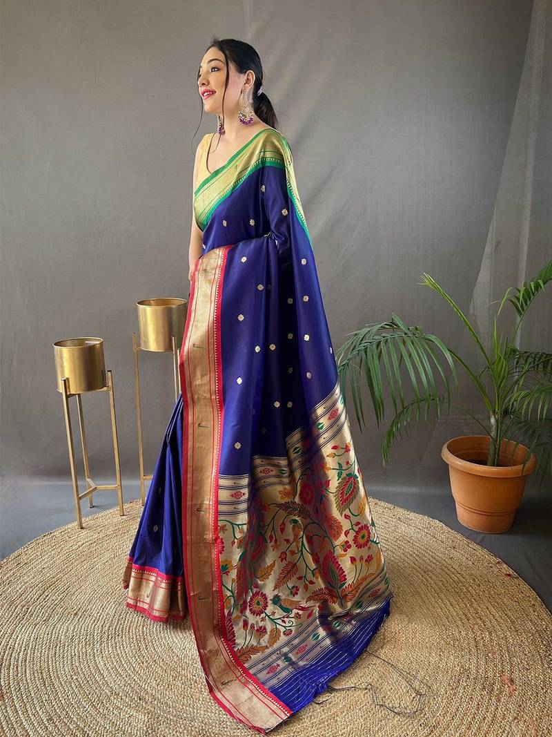 navy_blue navy blue & red ethnic motifs woven designed zari paithani saree