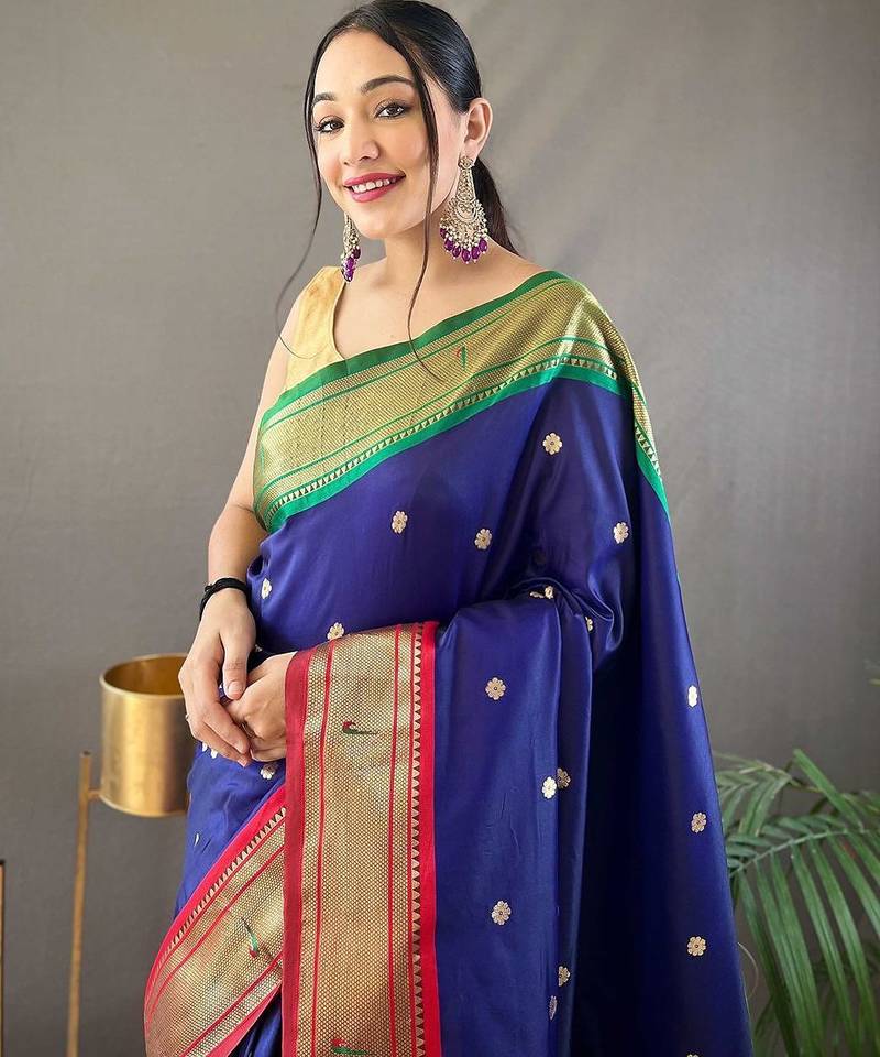 navy_blue navy blue & red ethnic motifs woven designed zari paithani saree