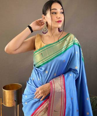 Pink pink & purple ethnic motifs woven design zari saree 3