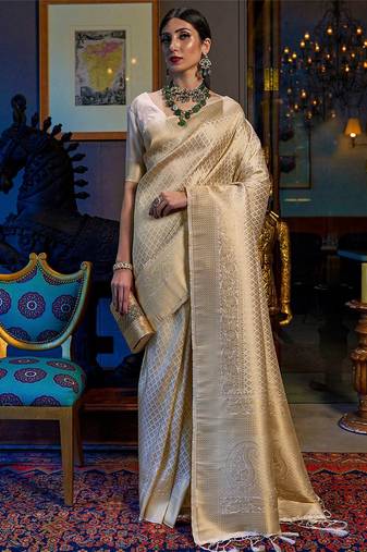 Beige beige & red ethnic motifs woven design zari saree