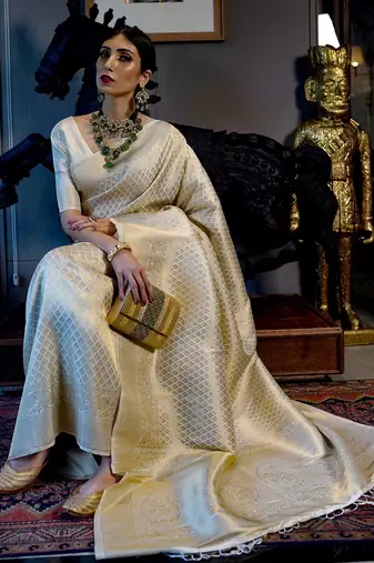 Beige beige & red ethnic motifs woven design zari saree