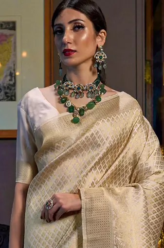 Beige beige & red ethnic motifs woven design zari saree