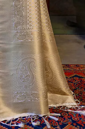 Beige beige & red ethnic motifs woven design zari saree