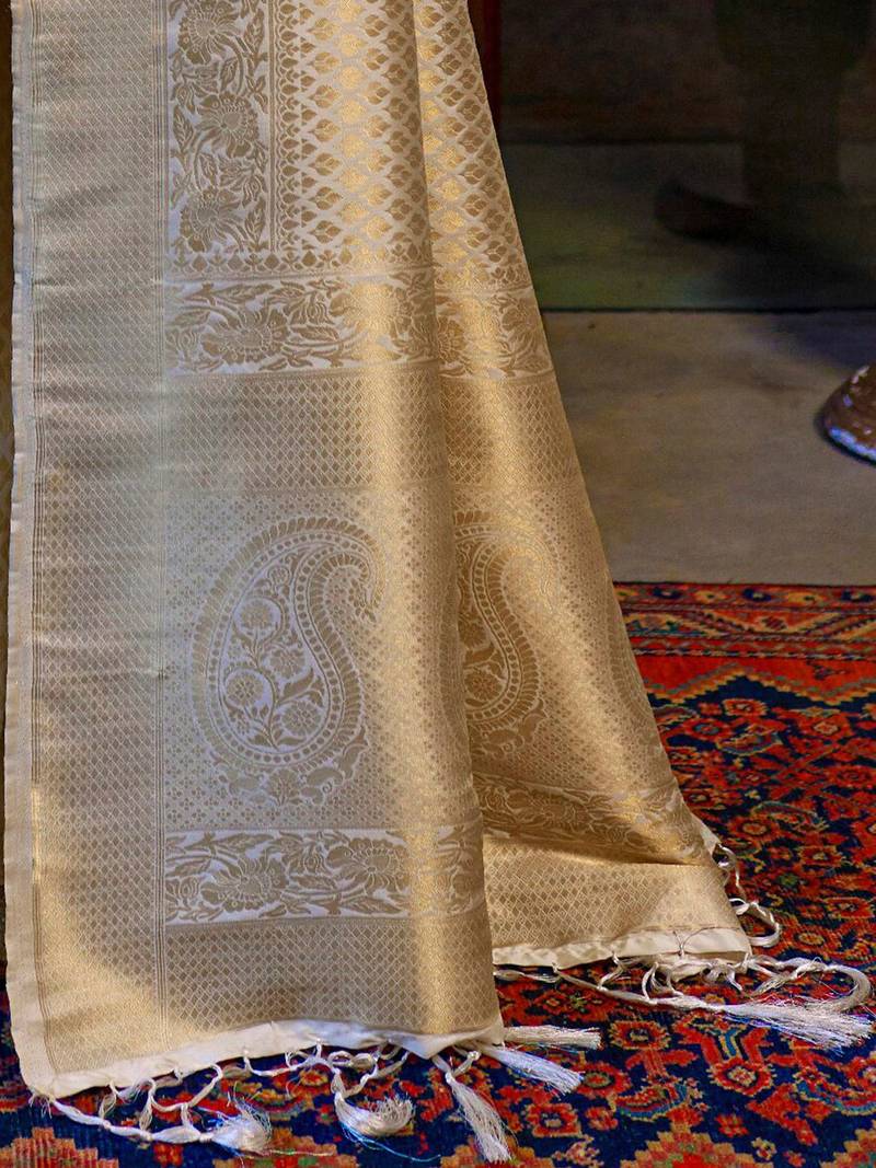 Beige beige & red ethnic motifs woven design zari saree
