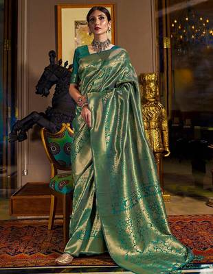 teal teal & gold-toned woven design zari silk blend kanjeevaram saree 1