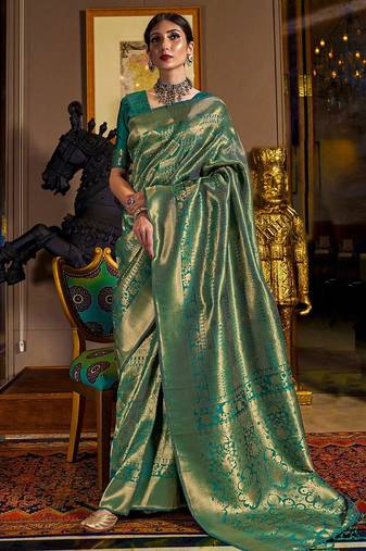 teal teal & gold-toned woven design zari silk blend kanjeevaram saree