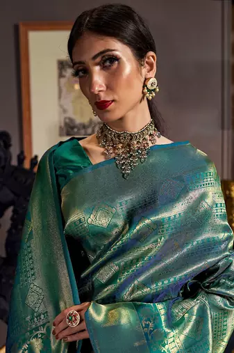 teal teal & gold-toned woven design zari silk blend kanjeevaram saree