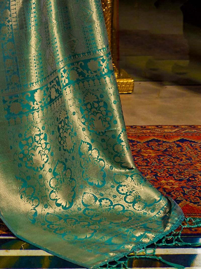 teal teal & gold-toned woven design zari silk blend kanjeevaram saree