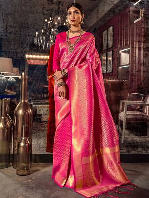 pink pink & golden ethnic motifs zari silk blend kanjeevaram saree 1