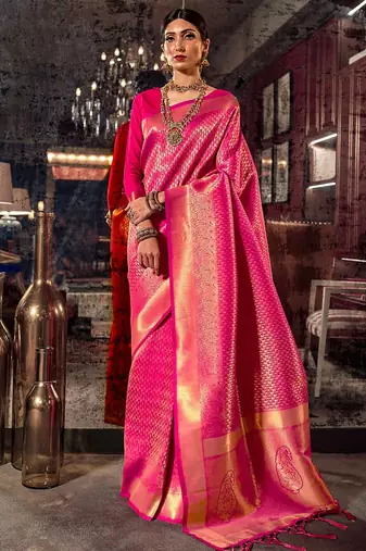 pink pink & golden ethnic motifs zari silk blend kanjeevaram saree