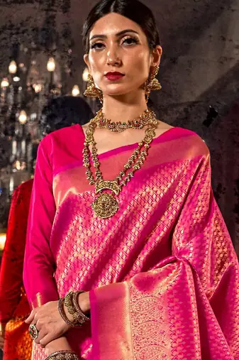 pink pink & golden ethnic motifs zari silk blend kanjeevaram saree