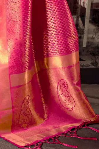 pink pink & golden ethnic motifs zari silk blend kanjeevaram saree