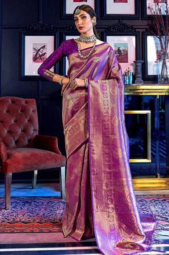 purple ethnic motif woven design zari banarasi saree