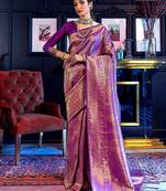 purple ethnic motif woven design zari banarasi saree