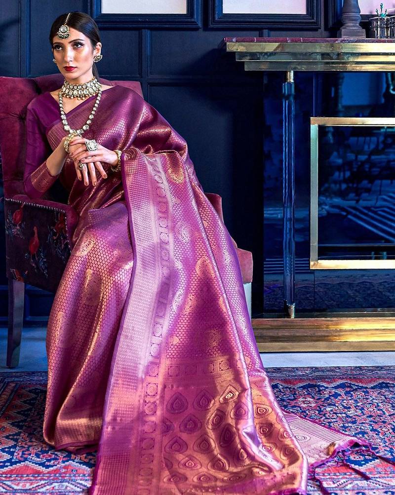 purple ethnic motif woven design zari banarasi saree