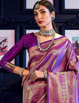 purple ethnic motif woven design zari banarasi saree 3