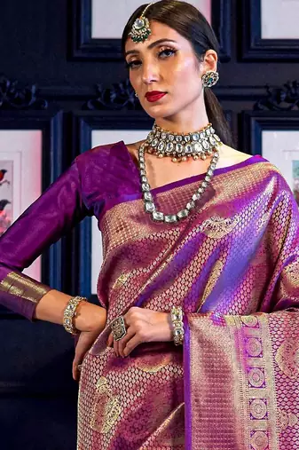 purple ethnic motif woven design zari banarasi saree