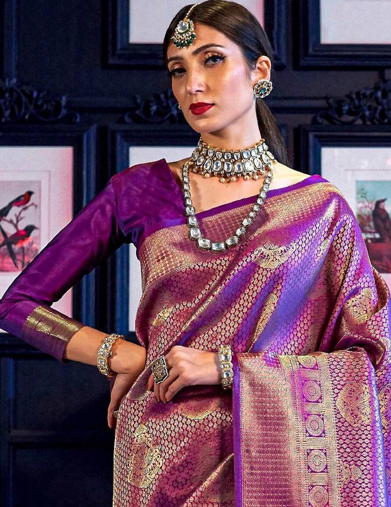 purple ethnic motif woven design zari banarasi saree