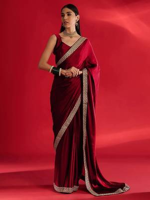 maroon embroidered satin saree 1