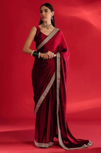 maroon embroidered satin saree