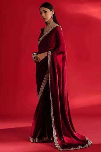 maroon embroidered satin saree