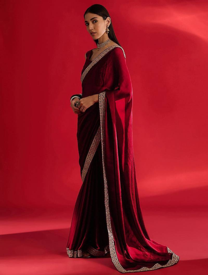 maroon embroidered satin saree