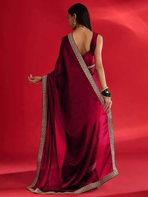 maroon embroidered satin saree 3