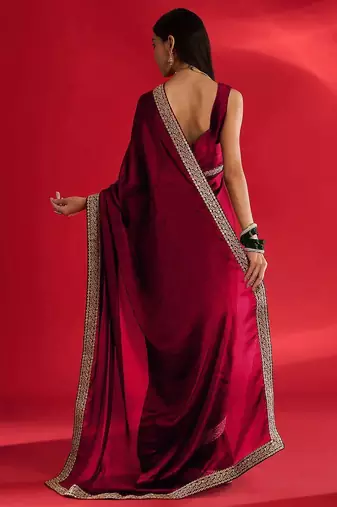 maroon embroidered satin saree