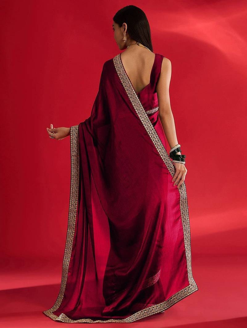 maroon embroidered satin saree