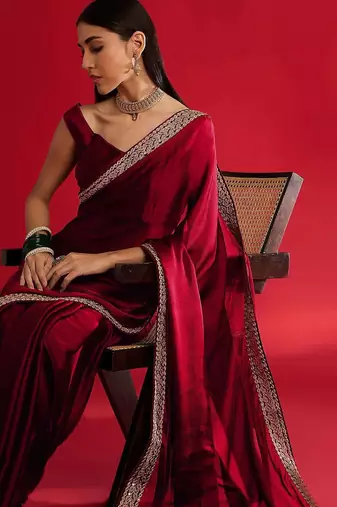 maroon embroidered satin saree
