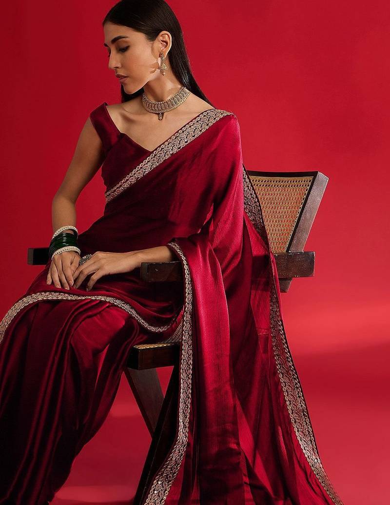 maroon embroidered satin saree