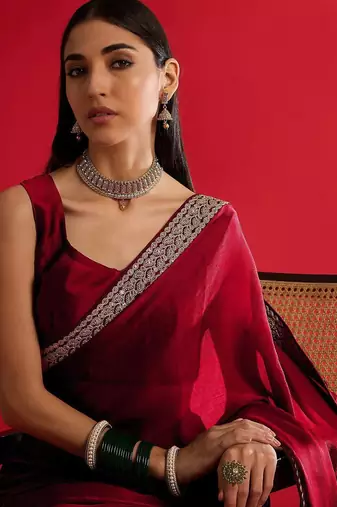 maroon embroidered satin saree