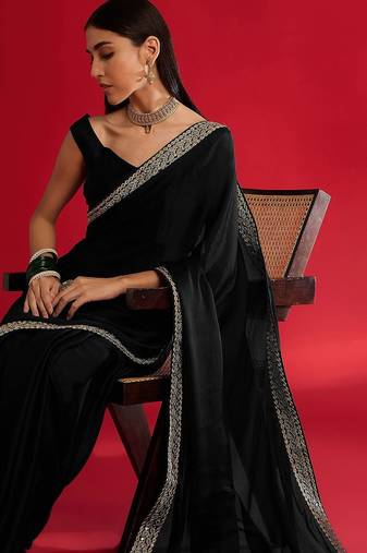 black embroidered satin saree