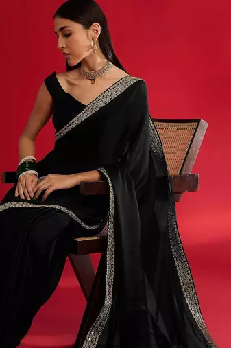 black embroidered satin saree
