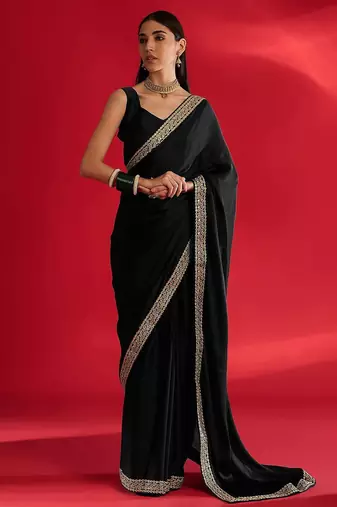 black embroidered satin saree