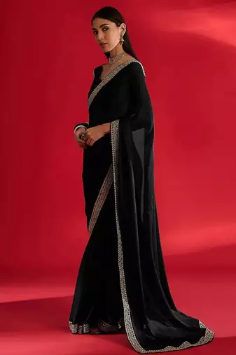 black embroidered satin saree